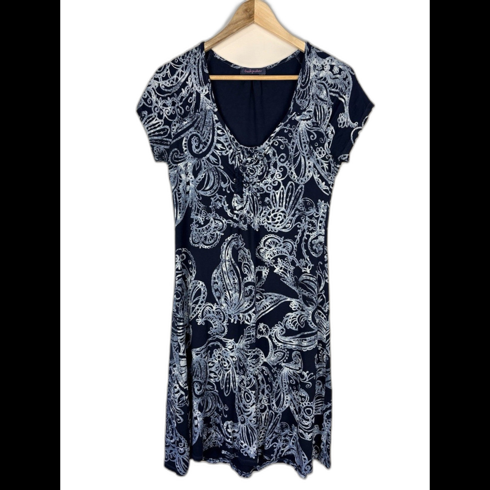 Fresh Produce Dress Blue Paisley Stretch Short Sleeve Casual Boho Size Small USA